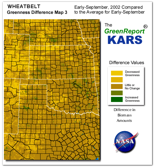 Color-coded Wheat Belt vegetation greeness index map for Period 36 of 2002, illustrating spatial variations in plant vigor, with greener tones indicating higher biomass and browner tones indicating stressed vegetation,
              comparing current crop/vegetation change in biomass to the 20-year greenness average.