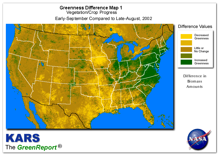Color-coded U.S. vegetation greeness index map for Period 37 of 2002, illustrating spatial variations in plant vigor, with greener tones indicating higher biomass and browner tones indicating stressed vegetation,
              comparing current crop/vegetation change in biomass to the previous week within the same year.
