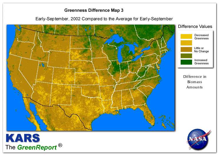 Color-coded U.S. vegetation greeness index map for Period 37 of 2002, illustrating spatial variations in plant vigor, with greener tones indicating higher biomass and browner tones indicating stressed vegetation,
              comparing current crop/vegetation change in biomass to the 20-year greenness average.