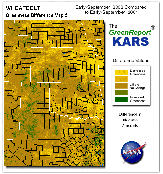 Color-coded Wheat Belt vegetation greeness index map for Period 37 of 2002, illustrating spatial variations in plant vigor, with greener tones indicating higher biomass and browner tones indicating stressed vegetation,
              comparing current crop/vegetation change in biomass to same period from the previous year.