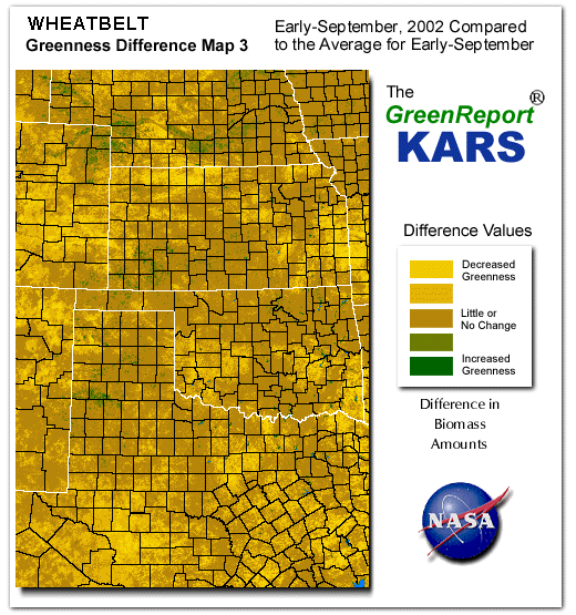 Color-coded Wheat Belt vegetation greeness index map for Period 37 of 2002, illustrating spatial variations in plant vigor, with greener tones indicating higher biomass and browner tones indicating stressed vegetation,
              comparing current crop/vegetation change in biomass to the 20-year greenness average.