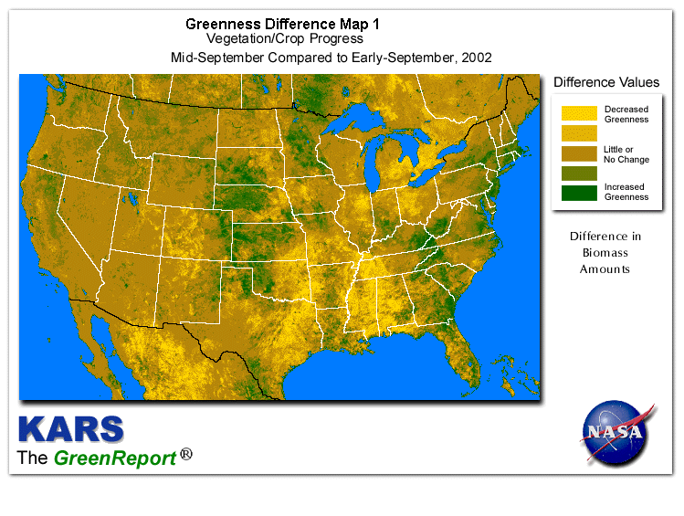 Color-coded U.S. vegetation greeness index map for Period 38 of 2002, illustrating spatial variations in plant vigor, with greener tones indicating higher biomass and browner tones indicating stressed vegetation,
              comparing current crop/vegetation change in biomass to the previous week within the same year.