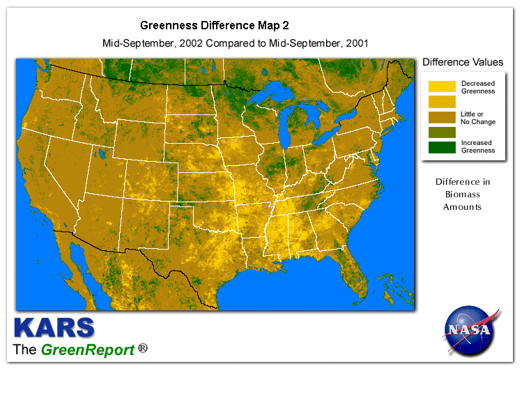 Color-coded U.S. vegetation greeness index map for Period 38 of 2002, illustrating spatial variations in plant vigor, with greener tones indicating higher biomass and browner tones indicating stressed vegetation,
              comparing current crop/vegetation change in biomass to same period from the previous year.