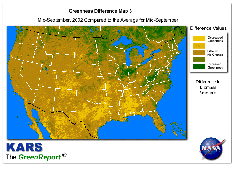 Color-coded U.S. vegetation greeness index map for Period 38 of 2002, illustrating spatial variations in plant vigor, with greener tones indicating higher biomass and browner tones indicating stressed vegetation,
              comparing current crop/vegetation change in biomass to the 20-year greenness average.