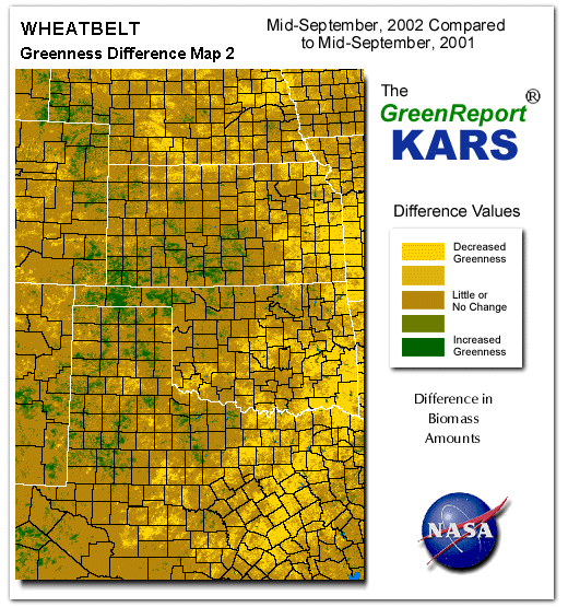 Color-coded Wheat Belt vegetation greeness index map for Period 38 of 2002, illustrating spatial variations in plant vigor, with greener tones indicating higher biomass and browner tones indicating stressed vegetation,
              comparing current crop/vegetation change in biomass to same period from the previous year.