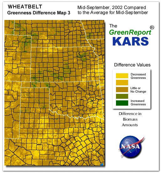 Color-coded Wheat Belt vegetation greeness index map for Period 38 of 2002, illustrating spatial variations in plant vigor, with greener tones indicating higher biomass and browner tones indicating stressed vegetation,
              comparing current crop/vegetation change in biomass to the 20-year greenness average.