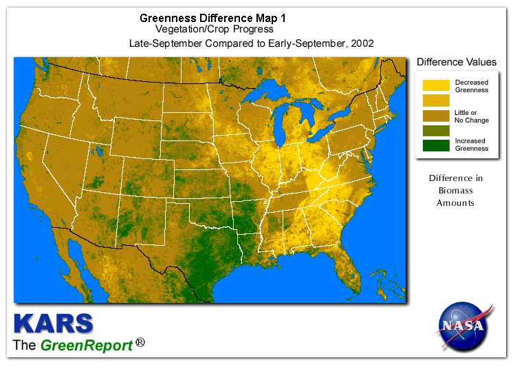 Color-coded U.S. vegetation greeness index map for Period 39 of 2002, illustrating spatial variations in plant vigor, with greener tones indicating higher biomass and browner tones indicating stressed vegetation,
              comparing current crop/vegetation change in biomass to the previous week within the same year.