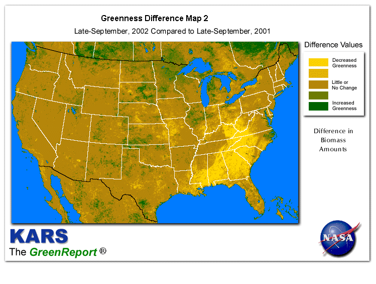 Color-coded U.S. vegetation greeness index map for Period 39 of 2002, illustrating spatial variations in plant vigor, with greener tones indicating higher biomass and browner tones indicating stressed vegetation,
              comparing current crop/vegetation change in biomass to same period from the previous year.