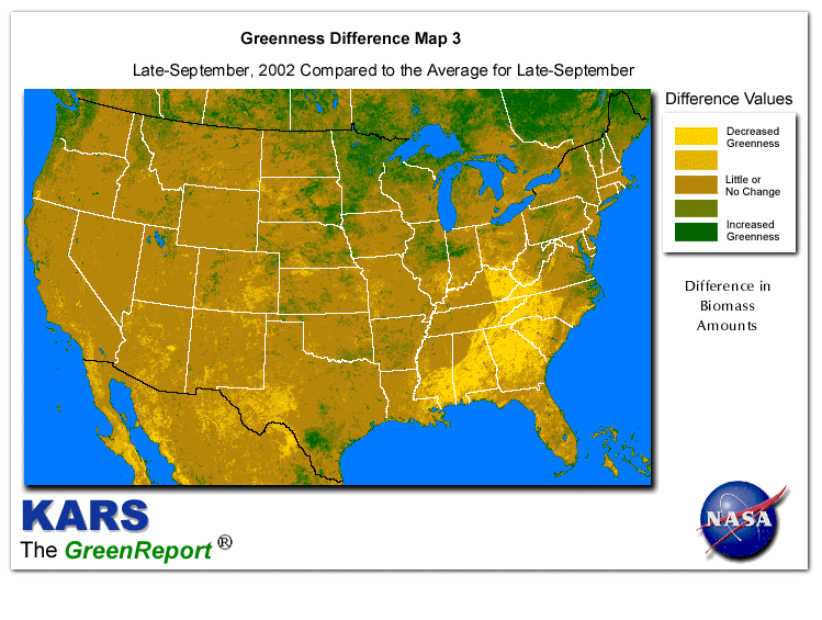 Color-coded U.S. vegetation greeness index map for Period 39 of 2002, illustrating spatial variations in plant vigor, with greener tones indicating higher biomass and browner tones indicating stressed vegetation,
              comparing current crop/vegetation change in biomass to the 20-year greenness average.