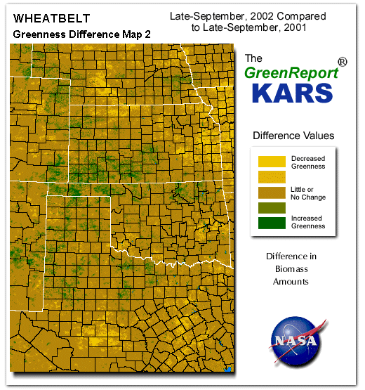 Color-coded Wheat Belt vegetation greeness index map for Period 39 of 2002, illustrating spatial variations in plant vigor, with greener tones indicating higher biomass and browner tones indicating stressed vegetation,
              comparing current crop/vegetation change in biomass to same period from the previous year.