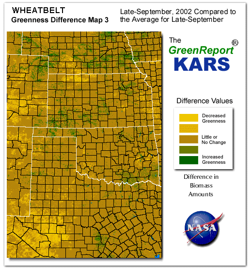 Color-coded Wheat Belt vegetation greeness index map for Period 39 of 2002, illustrating spatial variations in plant vigor, with greener tones indicating higher biomass and browner tones indicating stressed vegetation,
              comparing current crop/vegetation change in biomass to the 20-year greenness average.