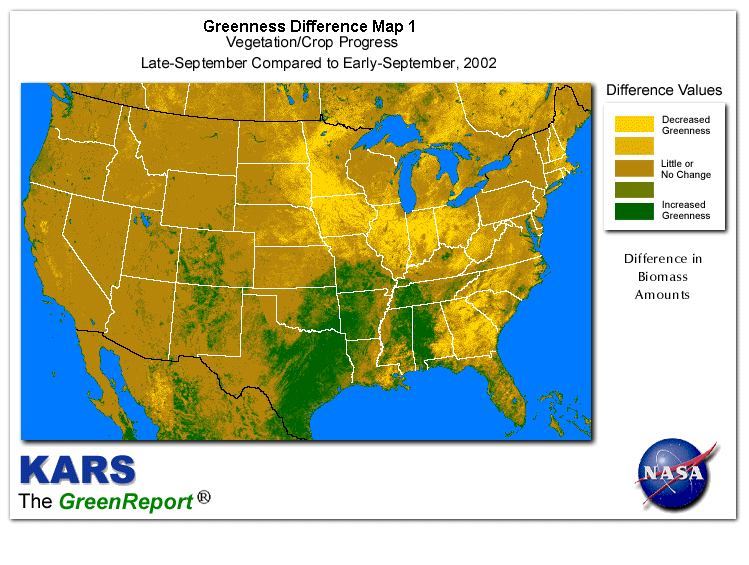 Color-coded U.S. vegetation greeness index map for Period 40 of 2002, illustrating spatial variations in plant vigor, with greener tones indicating higher biomass and browner tones indicating stressed vegetation,
              comparing current crop/vegetation change in biomass to the previous week within the same year.
