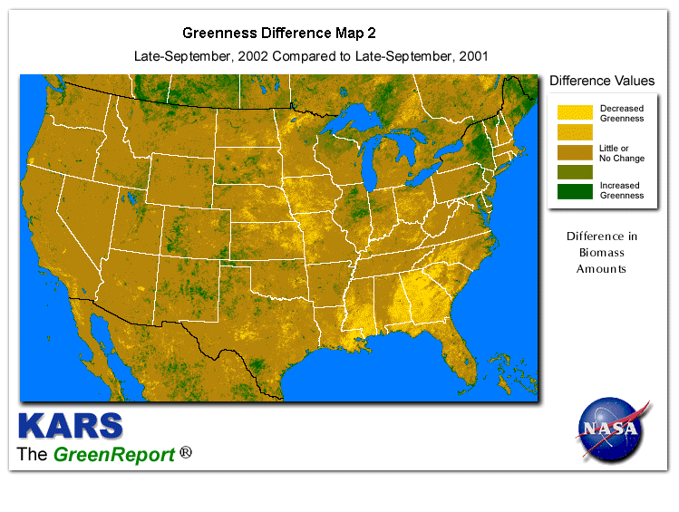 Color-coded U.S. vegetation greeness index map for Period 40 of 2002, illustrating spatial variations in plant vigor, with greener tones indicating higher biomass and browner tones indicating stressed vegetation,
              comparing current crop/vegetation change in biomass to same period from the previous year.