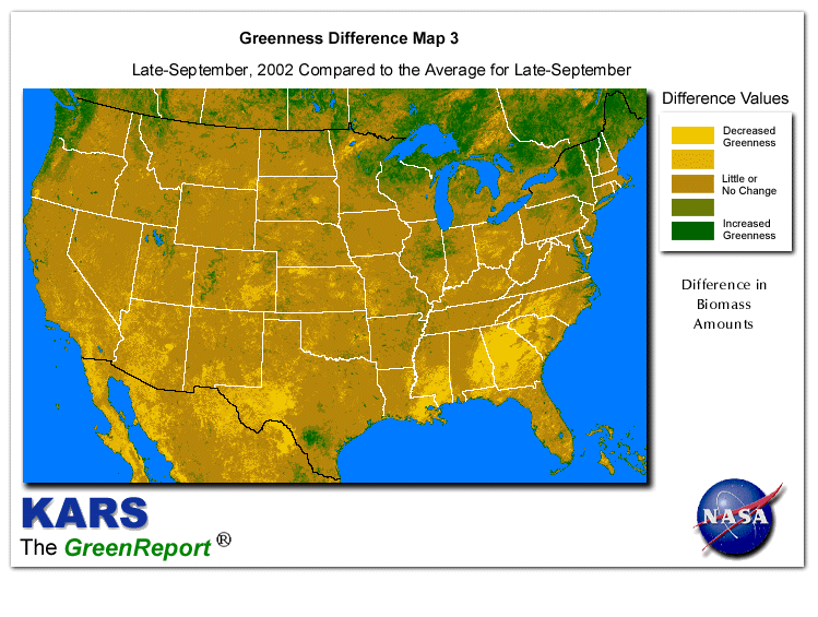 Color-coded U.S. vegetation greeness index map for Period 40 of 2002, illustrating spatial variations in plant vigor, with greener tones indicating higher biomass and browner tones indicating stressed vegetation,
              comparing current crop/vegetation change in biomass to the 20-year greenness average.