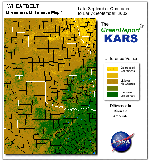 Color-coded Wheat Belt vegetation greeness index map for Period 40 of 2002, illustrating spatial variations in plant vigor, with greener tones indicating higher biomass and browner tones indicating stressed vegetation,
              comparing current crop/vegetation change in biomass to the previous week within the same year.