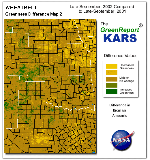 Color-coded Wheat Belt vegetation greeness index map for Period 40 of 2002, illustrating spatial variations in plant vigor, with greener tones indicating higher biomass and browner tones indicating stressed vegetation,
              comparing current crop/vegetation change in biomass to same period from the previous year.