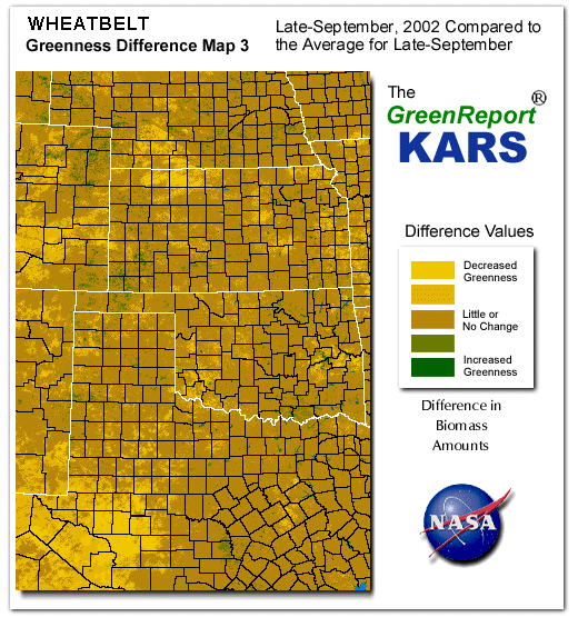 Color-coded Wheat Belt vegetation greeness index map for Period 40 of 2002, illustrating spatial variations in plant vigor, with greener tones indicating higher biomass and browner tones indicating stressed vegetation,
              comparing current crop/vegetation change in biomass to the 20-year greenness average.