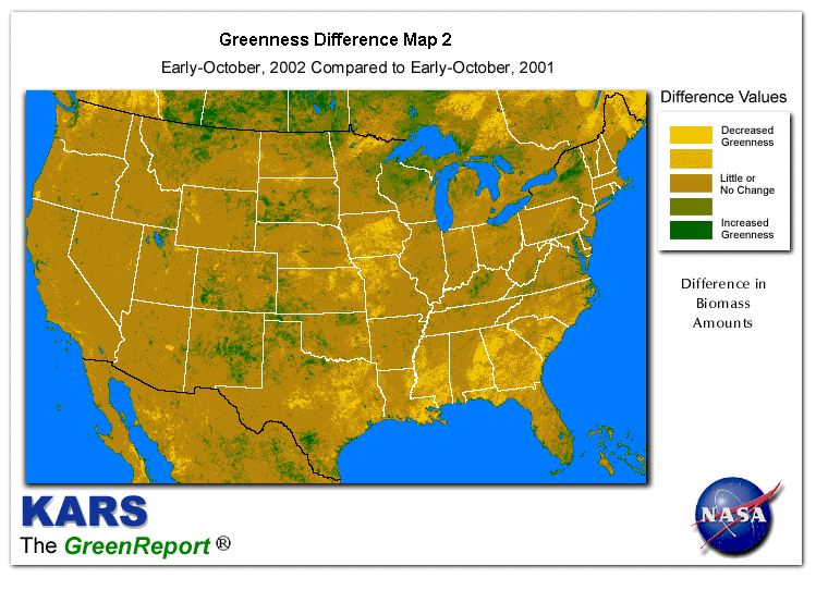Color-coded U.S. vegetation greeness index map for Period 41 of 2002, illustrating spatial variations in plant vigor, with greener tones indicating higher biomass and browner tones indicating stressed vegetation,
              comparing current crop/vegetation change in biomass to same period from the previous year.