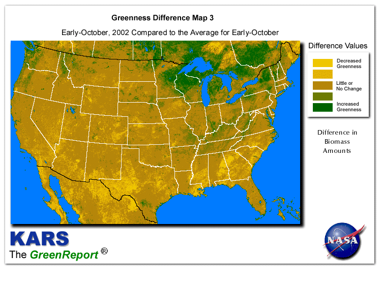 Color-coded U.S. vegetation greeness index map for Period 41 of 2002, illustrating spatial variations in plant vigor, with greener tones indicating higher biomass and browner tones indicating stressed vegetation,
              comparing current crop/vegetation change in biomass to the 20-year greenness average.