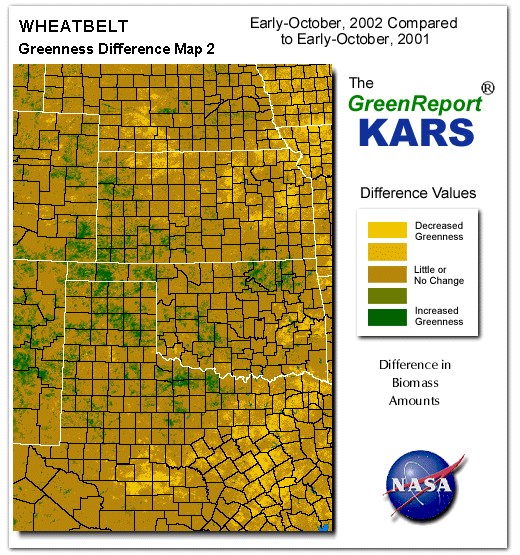 Color-coded Wheat Belt vegetation greeness index map for Period 41 of 2002, illustrating spatial variations in plant vigor, with greener tones indicating higher biomass and browner tones indicating stressed vegetation,
              comparing current crop/vegetation change in biomass to same period from the previous year.
