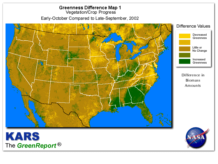 Color-coded U.S. vegetation greeness index map for Period 42 of 2002, illustrating spatial variations in plant vigor, with greener tones indicating higher biomass and browner tones indicating stressed vegetation,
              comparing current crop/vegetation change in biomass to the previous week within the same year.