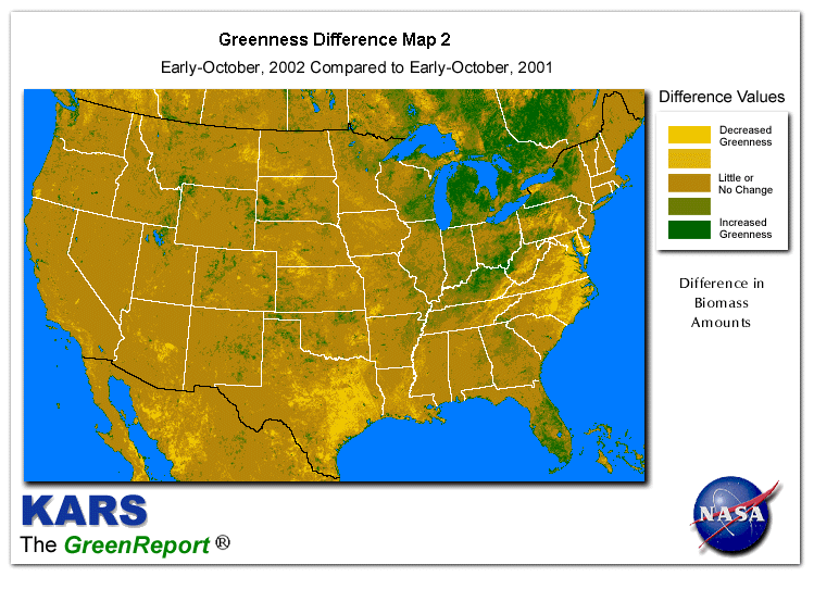 Color-coded U.S. vegetation greeness index map for Period 42 of 2002, illustrating spatial variations in plant vigor, with greener tones indicating higher biomass and browner tones indicating stressed vegetation,
              comparing current crop/vegetation change in biomass to same period from the previous year.