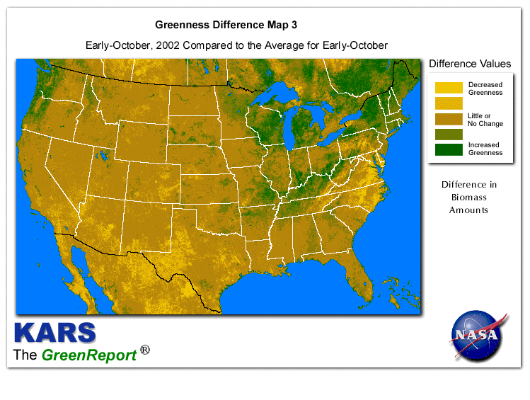 Color-coded U.S. vegetation greeness index map for Period 42 of 2002, illustrating spatial variations in plant vigor, with greener tones indicating higher biomass and browner tones indicating stressed vegetation,
              comparing current crop/vegetation change in biomass to the 20-year greenness average.