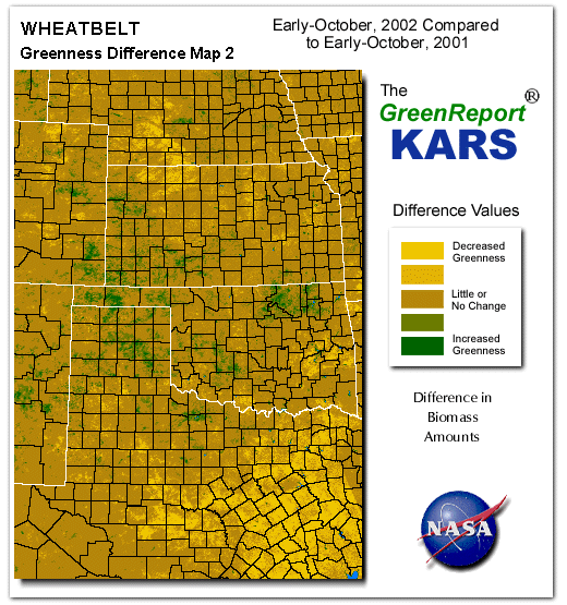 Color-coded Wheat Belt vegetation greeness index map for Period 42 of 2002, illustrating spatial variations in plant vigor, with greener tones indicating higher biomass and browner tones indicating stressed vegetation,
              comparing current crop/vegetation change in biomass to same period from the previous year.