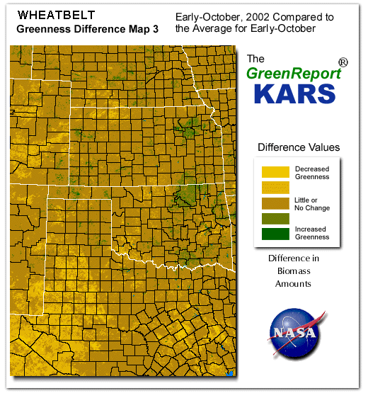 Color-coded Wheat Belt vegetation greeness index map for Period 42 of 2002, illustrating spatial variations in plant vigor, with greener tones indicating higher biomass and browner tones indicating stressed vegetation,
              comparing current crop/vegetation change in biomass to the 20-year greenness average.