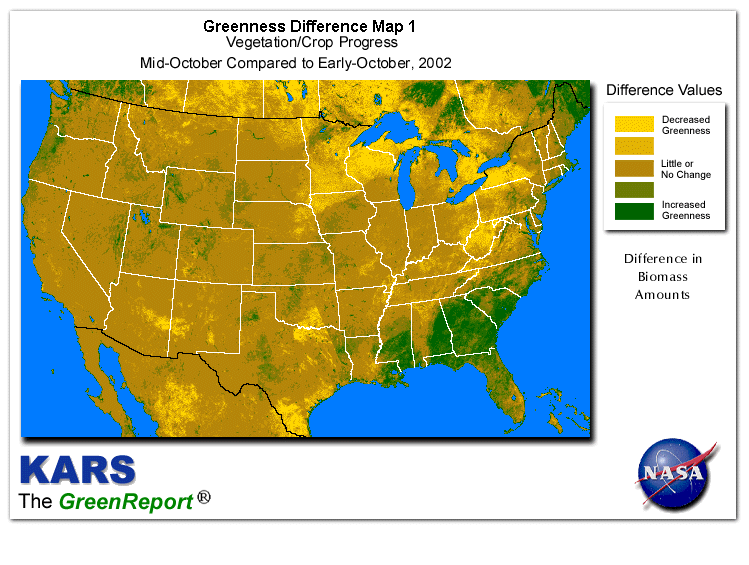 Color-coded U.S. vegetation greeness index map for Period 43 of 2002, illustrating spatial variations in plant vigor, with greener tones indicating higher biomass and browner tones indicating stressed vegetation,
              comparing current crop/vegetation change in biomass to the previous week within the same year.