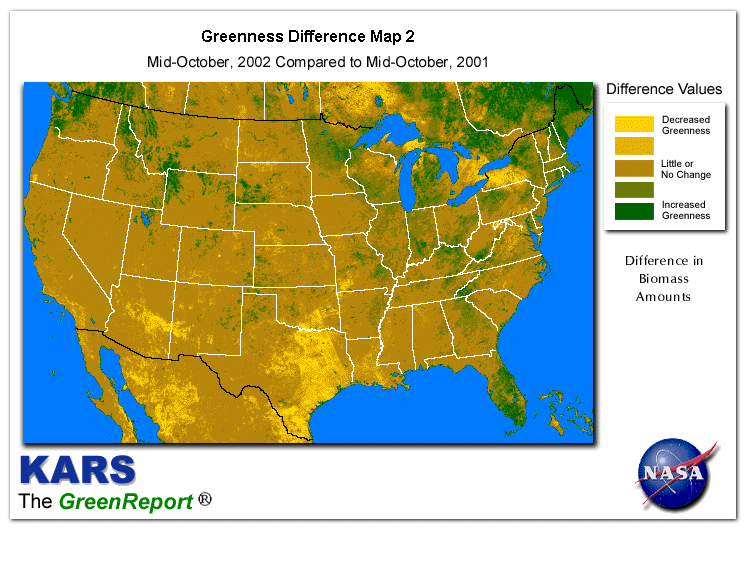 Color-coded U.S. vegetation greeness index map for Period 43 of 2002, illustrating spatial variations in plant vigor, with greener tones indicating higher biomass and browner tones indicating stressed vegetation,
              comparing current crop/vegetation change in biomass to same period from the previous year.