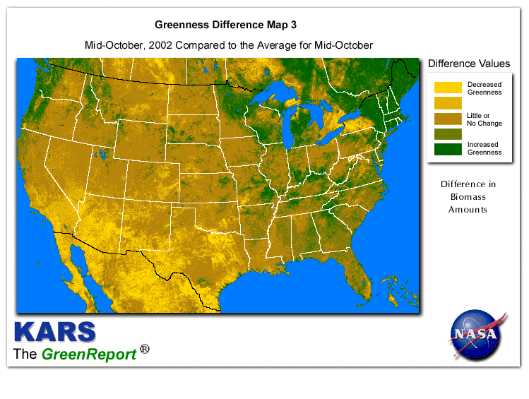 Color-coded U.S. vegetation greeness index map for Period 43 of 2002, illustrating spatial variations in plant vigor, with greener tones indicating higher biomass and browner tones indicating stressed vegetation,
              comparing current crop/vegetation change in biomass to the 20-year greenness average.