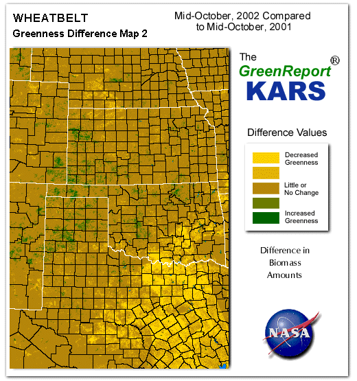 Color-coded Wheat Belt vegetation greeness index map for Period 43 of 2002, illustrating spatial variations in plant vigor, with greener tones indicating higher biomass and browner tones indicating stressed vegetation,
              comparing current crop/vegetation change in biomass to same period from the previous year.