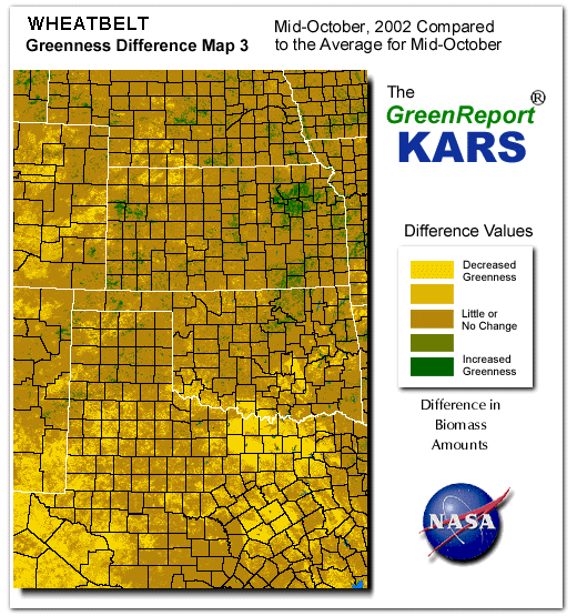 Color-coded Wheat Belt vegetation greeness index map for Period 43 of 2002, illustrating spatial variations in plant vigor, with greener tones indicating higher biomass and browner tones indicating stressed vegetation,
              comparing current crop/vegetation change in biomass to the 20-year greenness average.