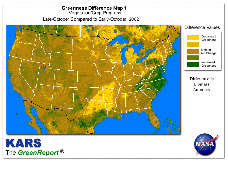 Color-coded U.S. vegetation greeness index map for Period 44 of 2002, illustrating spatial variations in plant vigor, with greener tones indicating higher biomass and browner tones indicating stressed vegetation,
              comparing current crop/vegetation change in biomass to the previous week within the same year.