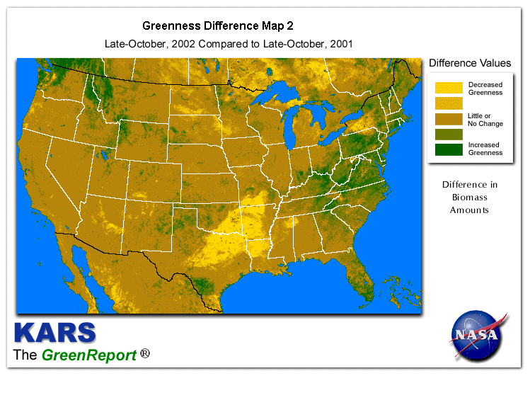 Color-coded U.S. vegetation greeness index map for Period 44 of 2002, illustrating spatial variations in plant vigor, with greener tones indicating higher biomass and browner tones indicating stressed vegetation,
              comparing current crop/vegetation change in biomass to same period from the previous year.