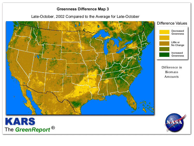 Color-coded U.S. vegetation greeness index map for Period 44 of 2002, illustrating spatial variations in plant vigor, with greener tones indicating higher biomass and browner tones indicating stressed vegetation,
              comparing current crop/vegetation change in biomass to the 20-year greenness average.