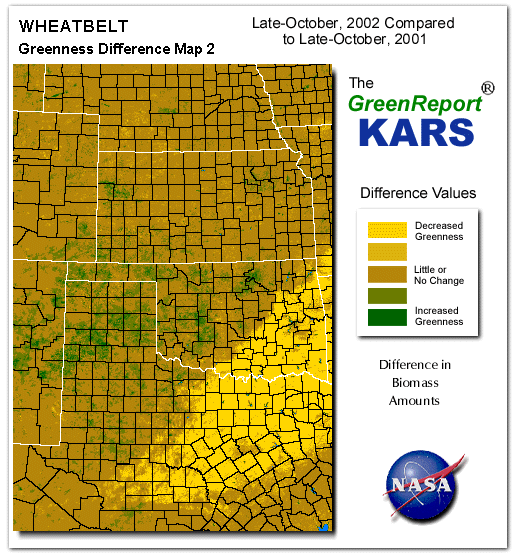 Color-coded Wheat Belt vegetation greeness index map for Period 44 of 2002, illustrating spatial variations in plant vigor, with greener tones indicating higher biomass and browner tones indicating stressed vegetation,
              comparing current crop/vegetation change in biomass to same period from the previous year.