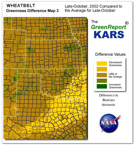 Color-coded Wheat Belt vegetation greeness index map for Period 44 of 2002, illustrating spatial variations in plant vigor, with greener tones indicating higher biomass and browner tones indicating stressed vegetation,
              comparing current crop/vegetation change in biomass to the 20-year greenness average.