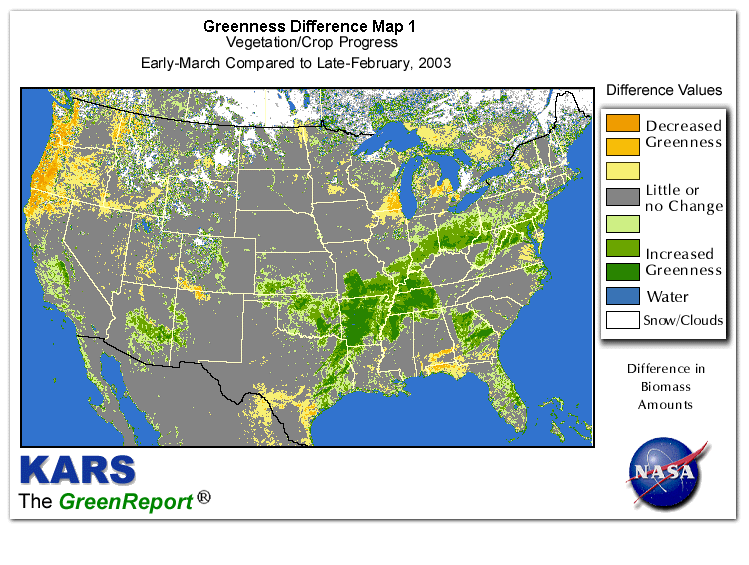 Color-coded U.S. vegetation greeness index map for Period 11 of 2003, illustrating spatial variations in plant vigor, with greener tones indicating higher biomass and browner tones indicating stressed vegetation,
              comparing current crop/vegetation change in biomass to the previous week within the same year.