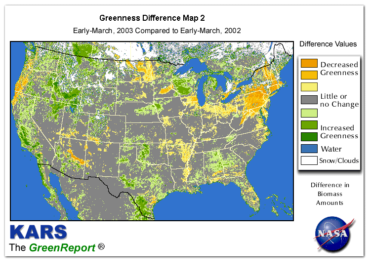 Color-coded U.S. vegetation greeness index map for Period 11 of 2003, illustrating spatial variations in plant vigor, with greener tones indicating higher biomass and browner tones indicating stressed vegetation,
              comparing current crop/vegetation change in biomass to same period from the previous year.