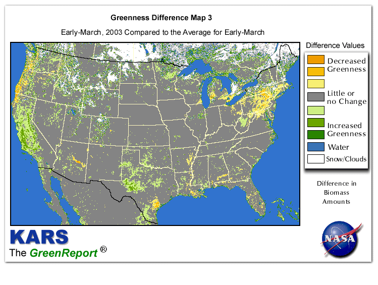 Color-coded U.S. vegetation greeness index map for Period 11 of 2003, illustrating spatial variations in plant vigor, with greener tones indicating higher biomass and browner tones indicating stressed vegetation,
              comparing current crop/vegetation change in biomass to the 20-year greenness average.