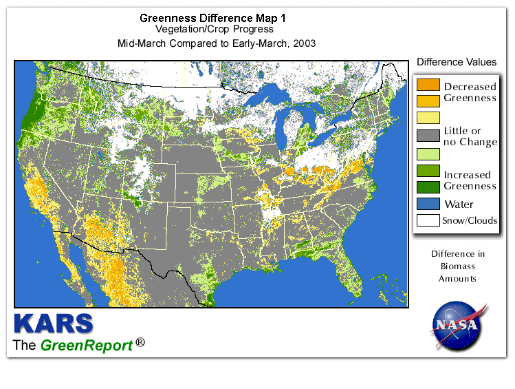 Color-coded U.S. vegetation greeness index map for Period 12 of 2003, illustrating spatial variations in plant vigor, with greener tones indicating higher biomass and browner tones indicating stressed vegetation,
              comparing current crop/vegetation change in biomass to the previous week within the same year.