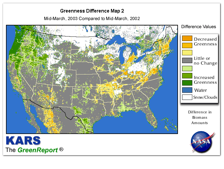 Color-coded U.S. vegetation greeness index map for Period 12 of 2003, illustrating spatial variations in plant vigor, with greener tones indicating higher biomass and browner tones indicating stressed vegetation,
              comparing current crop/vegetation change in biomass to same period from the previous year.