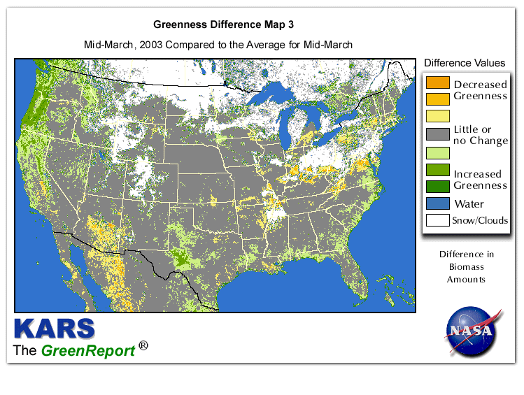 Color-coded U.S. vegetation greeness index map for Period 12 of 2003, illustrating spatial variations in plant vigor, with greener tones indicating higher biomass and browner tones indicating stressed vegetation,
              comparing current crop/vegetation change in biomass to the 20-year greenness average.
