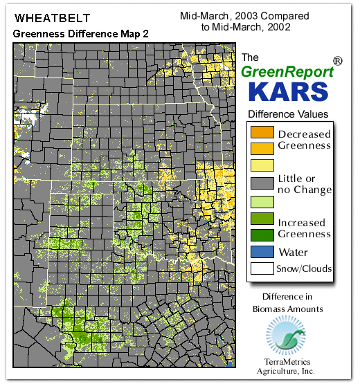 Color-coded Wheat Belt vegetation greeness index map for Period 12 of 2003, illustrating spatial variations in plant vigor, with greener tones indicating higher biomass and browner tones indicating stressed vegetation,
              comparing current crop/vegetation change in biomass to same period from the previous year.