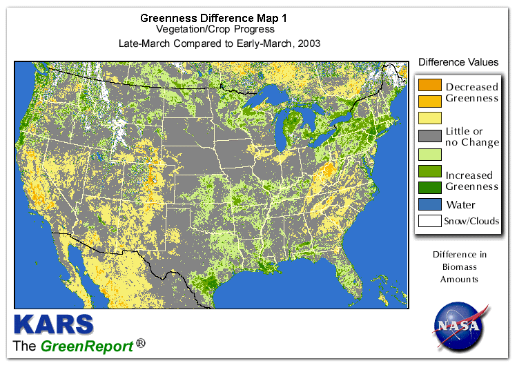 Color-coded U.S. vegetation greeness index map for Period 13 of 2003, illustrating spatial variations in plant vigor, with greener tones indicating higher biomass and browner tones indicating stressed vegetation,
              comparing current crop/vegetation change in biomass to the previous week within the same year.