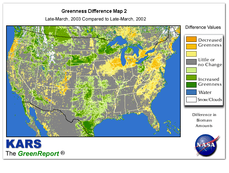 Color-coded U.S. vegetation greeness index map for Period 13 of 2003, illustrating spatial variations in plant vigor, with greener tones indicating higher biomass and browner tones indicating stressed vegetation,
              comparing current crop/vegetation change in biomass to same period from the previous year.