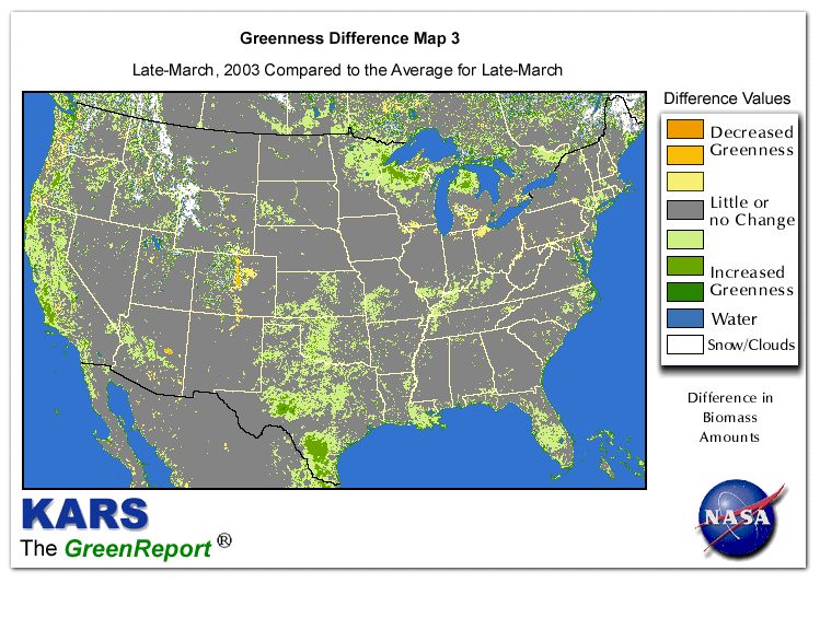 Color-coded U.S. vegetation greeness index map for Period 13 of 2003, illustrating spatial variations in plant vigor, with greener tones indicating higher biomass and browner tones indicating stressed vegetation,
              comparing current crop/vegetation change in biomass to the 20-year greenness average.