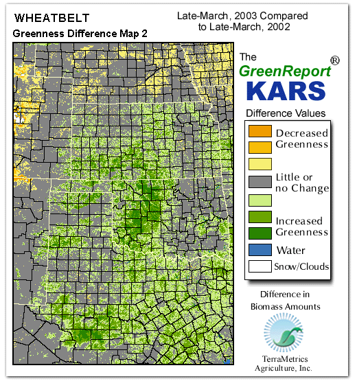 Color-coded Wheat Belt vegetation greeness index map for Period 13 of 2003, illustrating spatial variations in plant vigor, with greener tones indicating higher biomass and browner tones indicating stressed vegetation,
              comparing current crop/vegetation change in biomass to same period from the previous year.